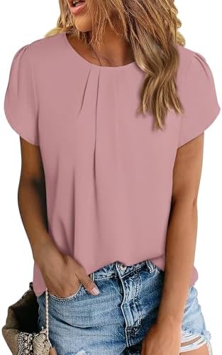 PRETTYGARDEN Women's Tops 2025 Casual Summer Round Neck Short Sleeve Basic Pleated Loose Fit Blouses Plain Tunic Shirts