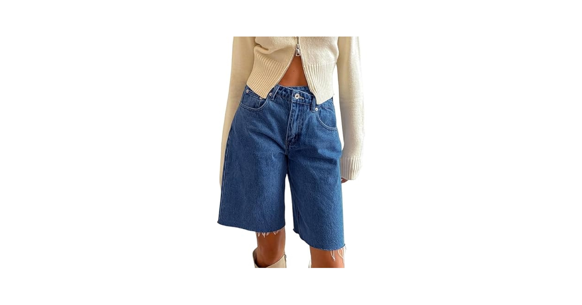 【KOOLOSET】D-Ring Sand Washed Bermuda Denim DSORVICD Long Jean Shorts for Women Baggy Crossover Low Rise