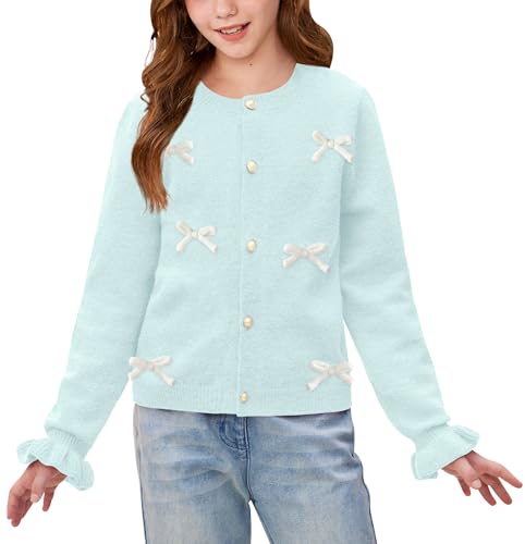 BesserBay Girl Fall 3D Bow Button Down Knit Ruffle Long Sleeve Cardigan Sweater 6-14 Years