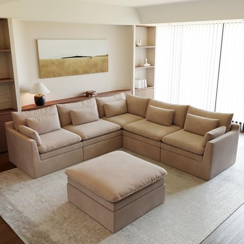 Image of WJShome Modular Sectional Sofa, Deep Seat V-Shaped Cloud Couch with Water-Resistant & Stain-Resistant Fabric, Removable Washable Covers, Sleeper Sofa with Ottoman for Living Room, Apartment, Khaki