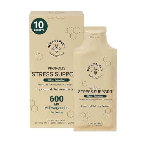 Ashwagandha Liposomal Stress Support by Beekeeper’s Naturals, 600mg with Propolis, L-Theanine, Anti-Stress Support for Calm & Relaxation, 10ct