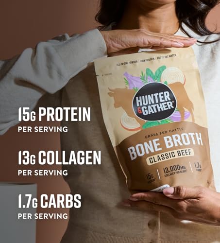 Hunter & Gather Rinder-Knochenbrühe-Pulver | 15g Protein | Kollagen aus europäischem Weide-Rind | Sofortiges herzhafte Getränk oder Koch-Upgrade | Keine Kühlung nötig | Glutenfrei | 400g |