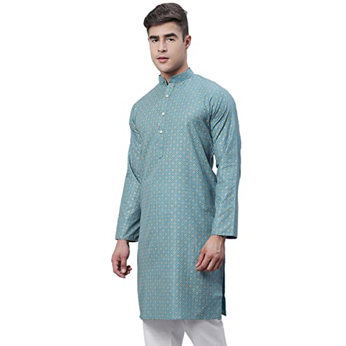 Sojanya (Since 1958 Men'S Cotton Linen Blue Foil Printed Only Long Kurta2