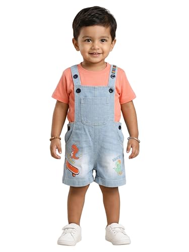 Image of KiddoPanti Unisex Infant Denim Dungaree | Cotton Blend Stretch | Baby Jumpsuit Witth Pockets | Comfortable Casual Outfit for Boys & Girls 6 Months-3 Years