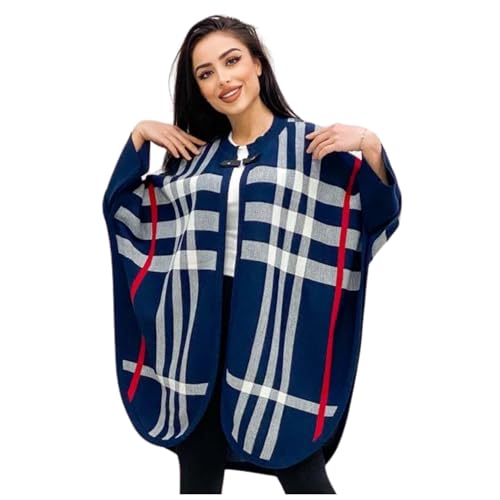 Elegante capa a cuadros de murciélago para mujer con detalles rojos, ropa exterior elegante y cómoda en negro y azul marino, perfecta para las estaciones de otoño e invierno, añade sofisticación a