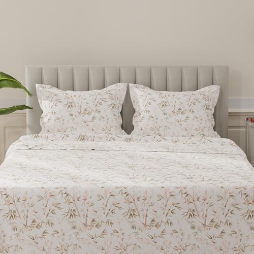 Image of Layers 100% Cotton Bedsheet for King Size Bed | Lumina Floret Collection | 144 TC Soft & Breathable | Printed with 2 Pillow Covers | Wrinkle Free & Colorfast | 3 Piece Bedding Set - Brown & White