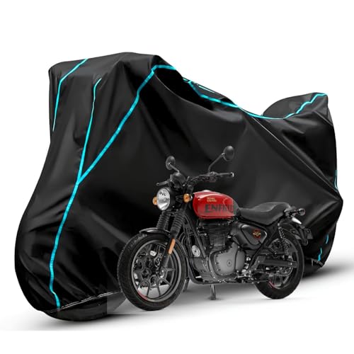 Image of Waterproof Bike Body Cover Compatible with RE Hunter 350 Dustproof Scratchproof - Motorcycle Cover for Two Wheeler, Outdoor Full Cover with UV, Duty, Rain Protection (Black & Aqua) R1