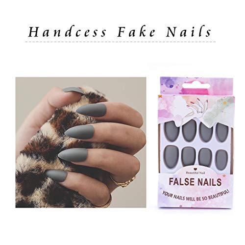 Handcess Stiletto Kunstnägel, matt, lang, grau, zum Aufdrücken, für Damen und Mädchen (Grau) – Bild 8