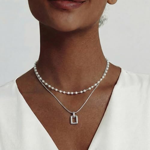 RINHOO Layered Pearl Choker Necklace with Square Pendant, Dainty 18K Gold Plated Stainless Steel Pearl Chain Necklace for Women Minimalist Stackable Jewelry Gift Box (Silver, Square) — view 3