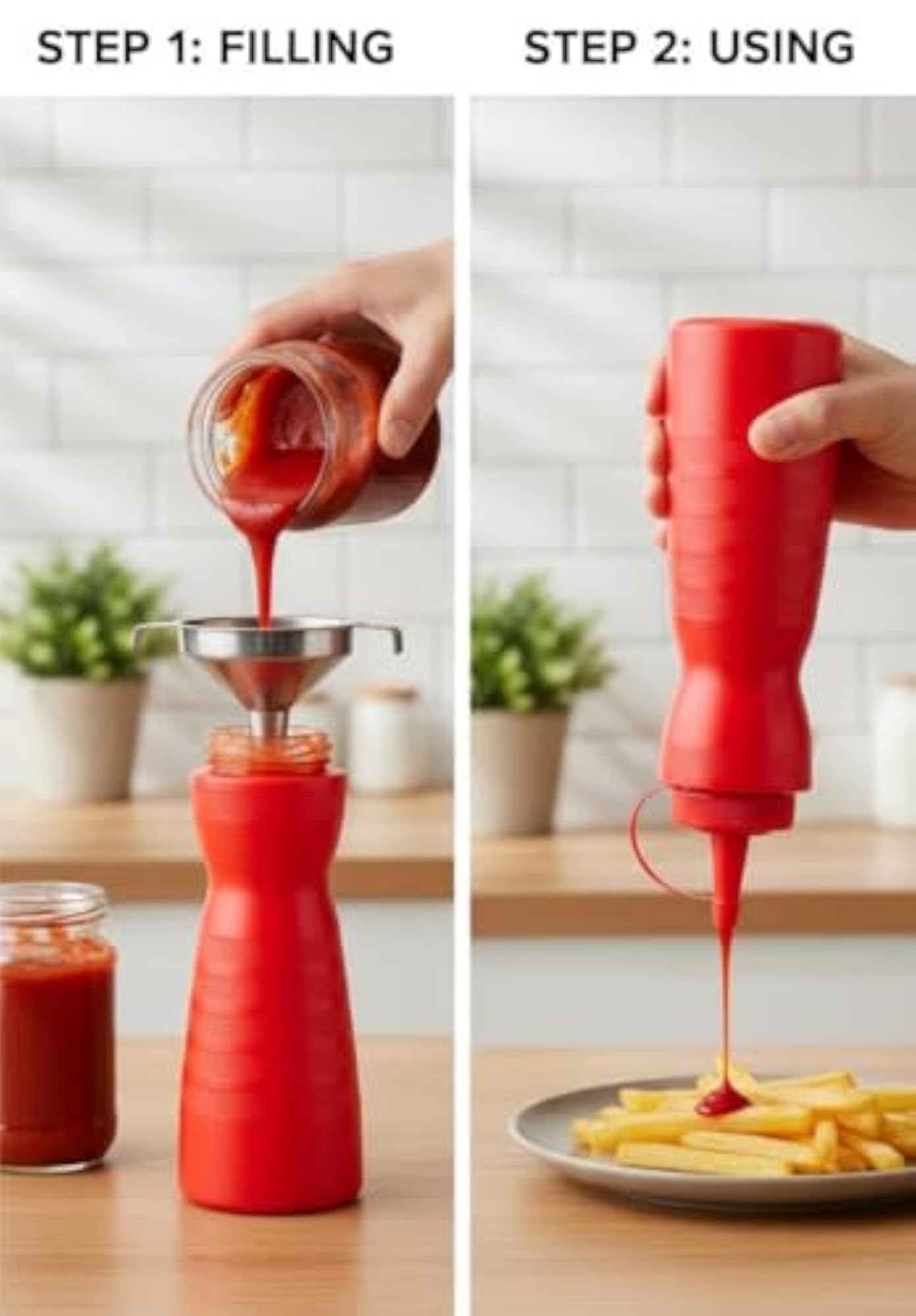 Red Plastic Squeeze Sauce Bottle with Flip-Top Nozzle