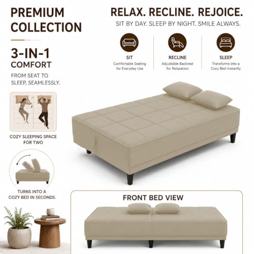 Image of Adorn India Alyssum 3 Seater Sofa Cum Bed 4X6 Velvet 2 Cushions (Color Beige) and Suitable for All Indoor, with 3 Years Warranty