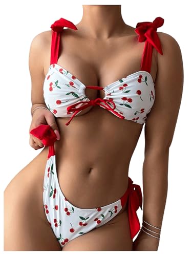 SOLY HUX Women's Bikini Sets Cute Print Lace Up String Bathing Suits Tie Shoulder Two Piece Swimsuits