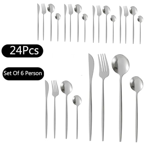 Image of Stainless Steel Silver Cutlery Set for 6 Person with Gift Box 24 Pieces Mirror Finish Luxury Premium Flatware Set for Dining Table Hotel Cafe Bar Restaurant House Warming Gifts