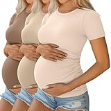 FICERD 3ER PACK DAMEN UMSTANDSTOPS BAUMWOLLE KURZARM SCHWANGERSCHAFTSSHIRTS RIPPSTRICK FREIZEIT MAMA T-SHIRTS(HELLKAFFEE, KHAKI, APRIKOSE)