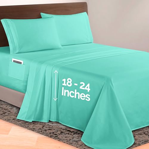 Image of Elegant Comfort Luxurious 1500 Premium Hotel Quality Microfiber 4-Piece Sheet Set, 18-24 Inches Deep - Extra Deep Pocket Sheets - Ultra Soft 4PC Deep Pocket Sheets, California King, Paradise Teal