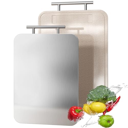 Titanium Chopping Board Double Sided Pure Titanium Cutting Boards for Kitchen, Pure Titanium & Wheat Straw PP Food Grade Metal Chopping Boards Easy to Clean
