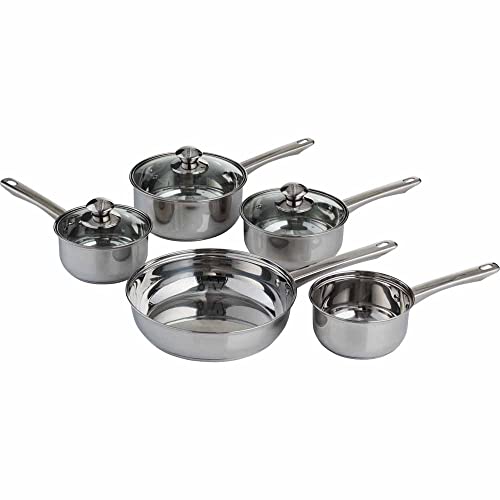 wilko 5 Piece Cookware Set - Saucepans and Frying Pan Set - Lightweight & Durable - Stainless Steel Pots & Pans Kit - with Glass Lids - Dishwasher Safe - Perfect for University