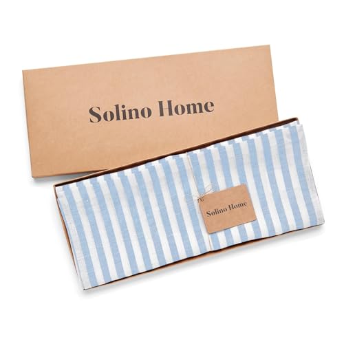 Solino Home Linen Table Runner 156 Inches Long - Amalfi Stripe, 100% Pure Linen Sky Blue and White Farmhouse Table Runner 14 x 156 Inch for Dining, Summer by Solino Home - Image 5