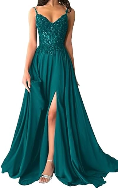 Womens Sparkly Lace Appliques Chiffon Prom Dresses V-Neck Spaghetti Straps Formal Dress Long Ball Gowns with Slit