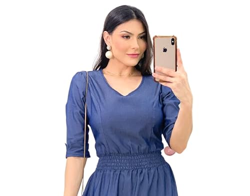 VESTIDO JEANS LEVE ESCURO EVASE MIDI 3/4 (GG)