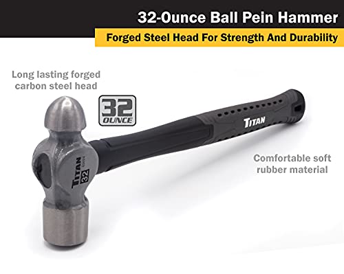 Titan 63024 32oz Ball Pein Hammer, Forged Steel Head, 14.5" Shock Absorbing Fiberglass Handle with Textured Rubber Grip - Image 2
