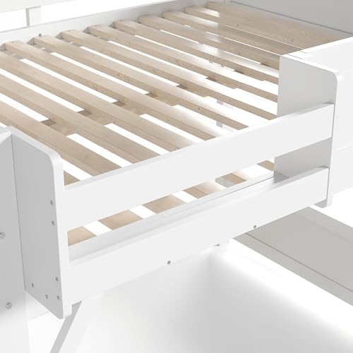 Image of KEIKI Solid Wood Queen Size Loft Bed Frame with Stairs, Built-in Wardrobe and Storage Space, Queen Loft Bed with Shelves, Queen-Length Guardrails, No Box Spring Needed for Bedroom, Light White