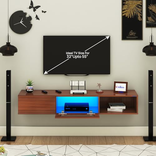 Image of Anikaa Strix Wall Mount Modern Floating TV Unit for Living Room with 3 Storage Cabinet & Blue LED Light (Ideal for 32 to 55 inch TV, DIY Installation, Walnut Finish)