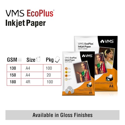 Image of VMS EcoPlus 180 GSM A4 Glossy Photo Paper - Water Resistant, Pack of 20 sheets, Compatible with all Inkjet Printers