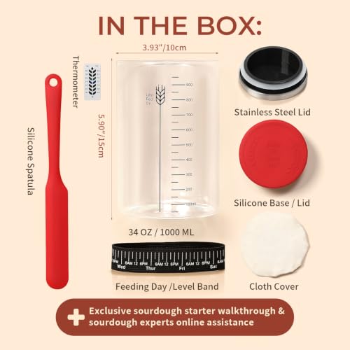 Image of Sourdough Starter Jar Kit,34oz Large Wide Mouth Sour Dough Jar Glass | Sourdough Bread Baking Supplies, Sourdough Tools for Beginners and Pro, Dishwasher-Safe, Borosilicate Glass, 1 Pack