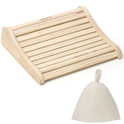 valuents Sauna Kopfstütze aus Holz - ergonomisch - Sauna Zubehör aus Kiefernholz - massiv & unbehandelt +Plus: Sauna Hut Cover