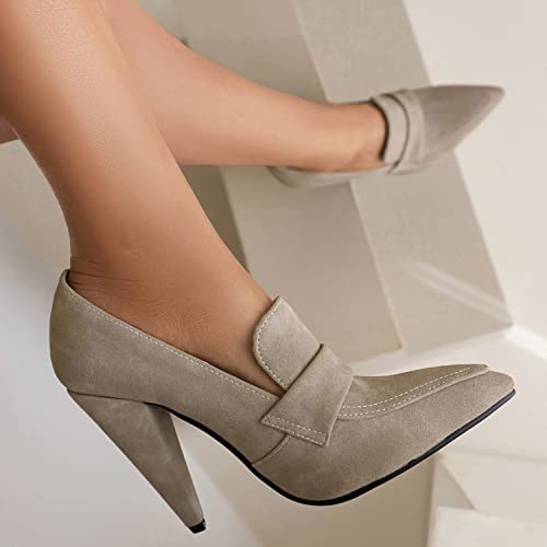 LEHOOR Women High Cone Heel Loafers Pointed Toe Suede Loafer Pumps 4 inch Chunky Heels Slip On Oxford Loafers Shoes Heeled Closed Toe Office Ladies Dress Heels Classic Comfort 4-10 M US2