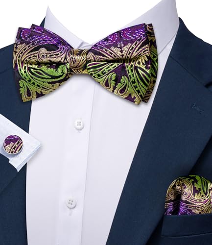 Image of Barry.Wang Paisley Striped Bow Tie for Men Silk Pre-Tied Bowtie Pocket Square Cufflinks Set Formal Wedding Party Prom