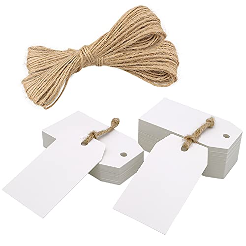 jijAcraft Etichette in Carta Kraft Tag Regalo Cartoncino 7x2CM, 100 pezzi e Spago di Iuta, per Bomboniere Natale Compleanno Artigianato (Bianco