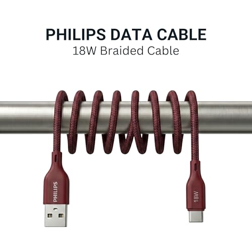 Image of PHILIPS DLC4130AI /94 18W Type-A to Type-C Fast Charging Cable (1m, Iron Red) | Nylon Braided | Compatible with iPhone 15+ Series, USB-C iPad Models, Samsung Galaxy & All Type C Devices