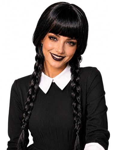 Image of Rose bud Wednesday Cosplay Wig Long Hair Heat Resistant Adjustable Fit 23 Inches Double Braided Black Wigs With Bangs for Halloween Cosplay