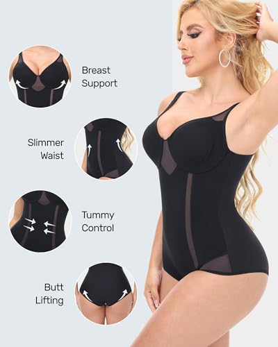 Image of SHAPESHE Mesh Slim Shapewear Corset Bodysuit Women Seamless Tummy Control | Seamless,Low Back,Underwire No Bra,V Neck,Going Out,Full Body Shaper,Lift
