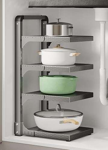 Générique Adjustable Carbon Steel Pot Pan Rack Storage Rack for Kitchen Cupboard Cabinet Counter