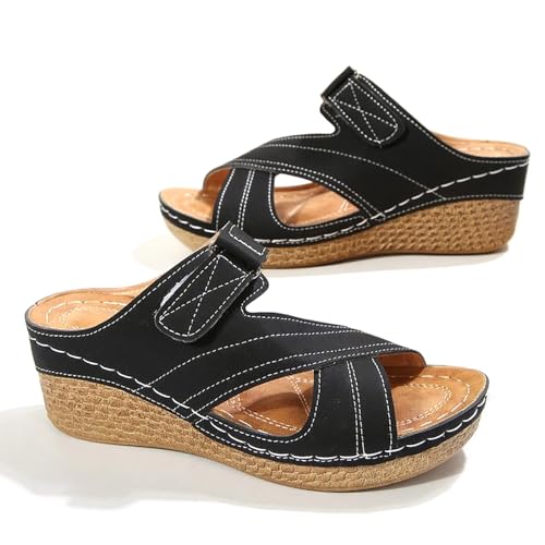 Womens Orthopedic Wedge Sandals With Hook Loop Comfortable Lightweight Open Round Toe Platform Arch Support Non Slip Sandals For Casual Daily Vacation Beach