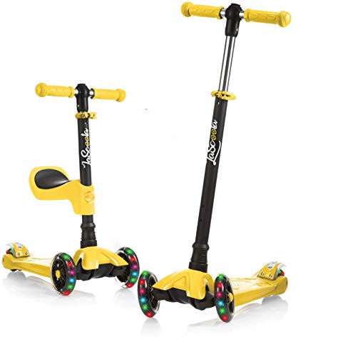 Lascoota 2-in-1 Kick Scooter with Removable Seat Great for Kids & Toddlers Girls or Boys  Adjustable Height w/Extra-Wide Deck PU Flashing Wheels for Children from 2 to 14 Year-Old (Yellow)