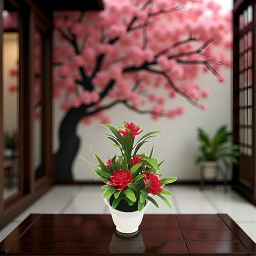 Zcccc Rote künstliche Lotusblume, Topfpflanze, Bonsai, Kunstpflanzen, Blumen, Hochzeit, Zuhause, Party, Garten, Büro, Dekoration, künstliche Flora