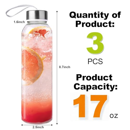 3 Packs Glass Water Bottles with Lid Clear Juice Bottles Reusable Bottle with Stainless Steel Cap Glass Cups Liquid Storage Containers for Juicing Beverage Refrigerator Travel-17oz - Image 3