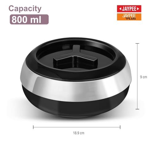 JAYPEE Palazio 800 Ultra Inner Stainless Steel Casserole | Pu Insulated Lockable Lid Food Grade Rustproof Hotbox for Kitchen |Hot Pot for Rice |Stackable |Ideal for Gifting | Capacity 800 ml, Black