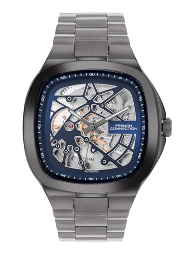Image of French Connection See Through Blue Square Dial | Gun Stainless Steel Strap Automatic Watch for Mens FCA16UGNM