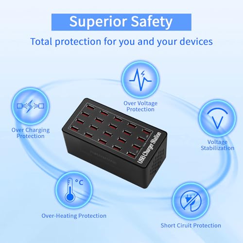 Image of Charging Station, 100W 20-Port USB Multi Device Charger Hub with Intelligent Safety Features, Compact Power Strip for Phones, Watches, Pads, Speakers, Headphones & PS, Ideal for Home Office & Travel