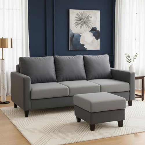 Image of FURNY Arnold 4 Seater L Shape Sofa Set with Movable Ottoman | Flexible Left or Right Layout | Plush Velvet Fabric (Dark Grey-Light Greyl) | Perfect for Living Room, Guest Room & Office