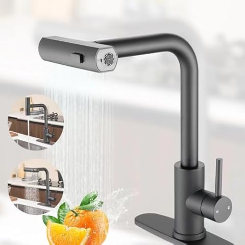 Waterfall Kitchen Sink Faucet with Pull Down Sprayer, 3 Modes(Sweep/Stream/Waterfall) Rotary Switch Stainless Steel Commercial Modern Faucet for Kitchen Sink Single Handle Black Sink Fuacet Cover