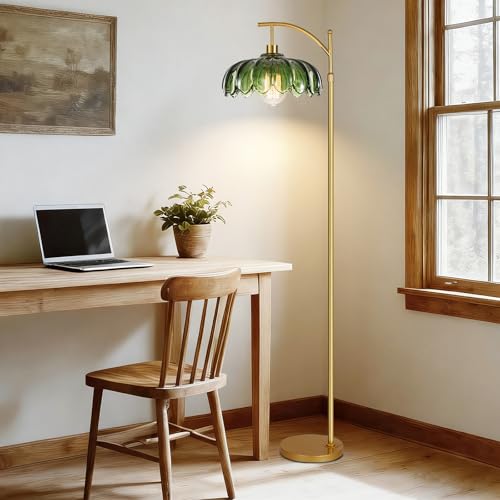 Image of QIYIZM Glass Floor Lamp for Living Room,Bedroom,Gold Dimmable Standing Lamp with Remote,Mid Century Modern Brass Tall Lamp Boho Vintage Retro Floor Lamps Arc Green Flower Floor Light Lamp Bohemian