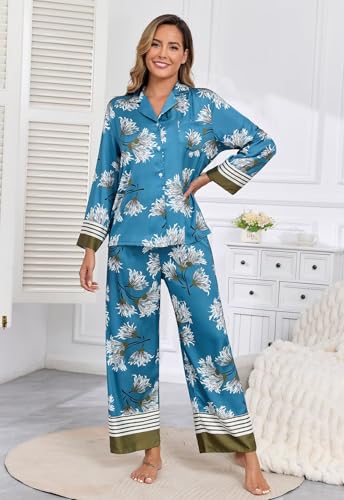 Brosloth Womens Silk Pajamas Floral Satin Pj Sets Button Up Long Sleeve Comfy Soft Fall 2 Pieces Lounge Sets2