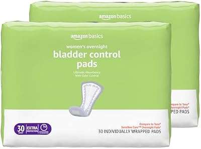 Amazon Basics Incontinence Pads for Women, Postpartum, Bladder Control, Overnight Absorbency, Unscented, with Odor Control, 60 Count (2 Packs of 30)
