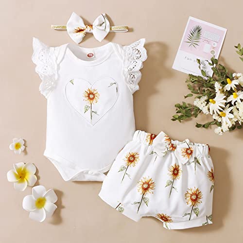 Shorts de verão estilo manga curta meninas primavera e outono girassol bordado amor top shorts bebê